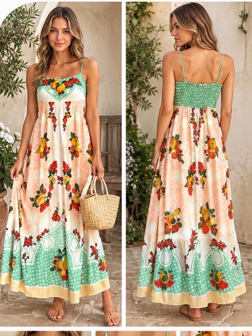 Caroline Constas Linen Blend Spaghetti Strap Fruits Print 53"Long Dress sz S